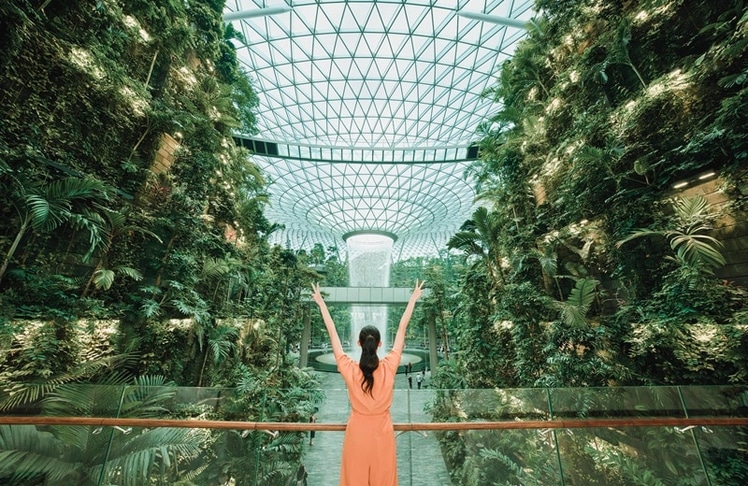 Jewel Changi in Singapur: Der weltweit größte Indoor-Wasserfall befindet sich unter einer gigantischen Glaskuppel mit Waldlandschaft, Einkaufs- und Unterhaltungszentrum (Bild: Changi Airport Group)