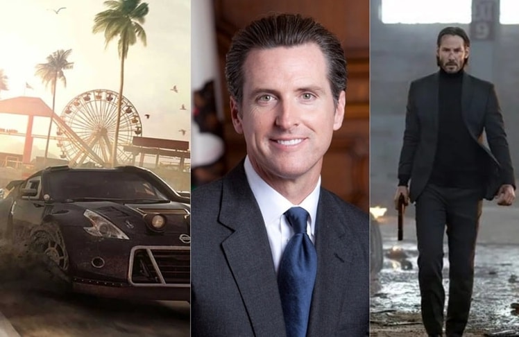 Der US-Gouverneur Gavin Newsom (Mitte, Bild: National Governors Association) möchte mehr Klarheit schaffen, damit Kunden nicht mehr vom plötzlichen Verschwinden vermeintlich gekaufter Medien wie im Falle von "The Crew" (links, Bild: Ubisoft) oder "John Wick" (rechts, Bild: Studio Canal) überrascht werden