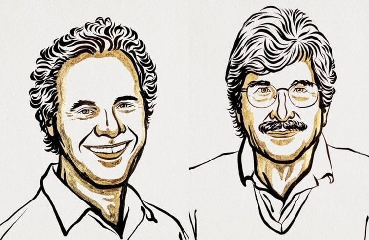 Victor Ambros und Gary Ruvkun, illustriert von Niklas Elmehed (Bild: Nobel Prize Outreach)