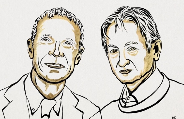 John J. Hopfield und Geoffrey E. Hinton, illustriert von Niklas Elmehed (Bild: Nobel Prize Outreach)