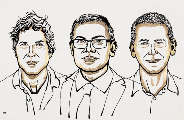 David Baker, Demis Hassabis und John Jumper; illustriert von Niklas Elmehed (Bild: Nobel Prize Outreach)