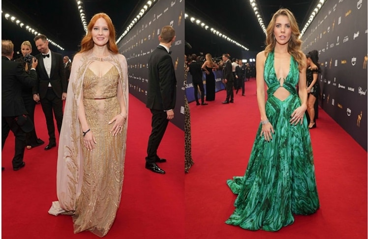 Glamour pur beim Bambi 2024: Barbara Meier in einer exklusiv aus Paris eingeflogenen Robe und Victoria Swarovski in einer Roberto-Cavalli-Kreation für sage und schreibe 7.500 €, die an J-Lo’s legendäres grünes Versace-Kleid erinnert – zwei strahlende Highlights auf dem Roten Teppich. © BrauerPhotos / J.Harrell