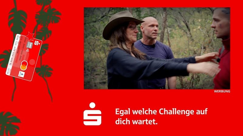 Screenshot aus "Ich bin ein Star – Showdown der Dschungel-Legenden" mit Sparkassen-Frame (Bild: Havas Media / RTL)