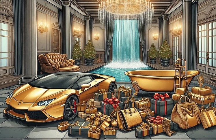 Sportwagen, eine goldene Badewanne, luxuriöse Handtaschen und auch ein Wasserfall gehören zu den hier versammelten Promi-Weihnachtsgeschenken