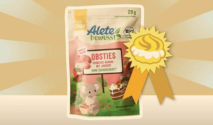 Alete Obsties: Der Fruchtsnack für Kinder erhielt den Goldenen Windbeutel 2024 für irreführende Werbung aufgrund des hohen Zuckergehalts. © foodwatch